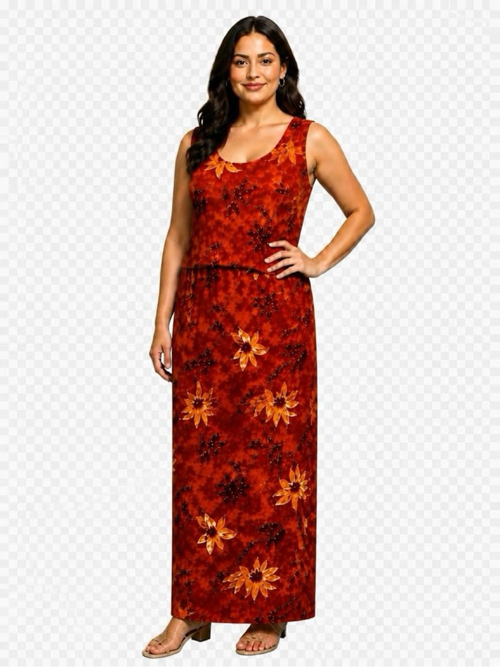 Sleeveless Red Floral Tropical Dress